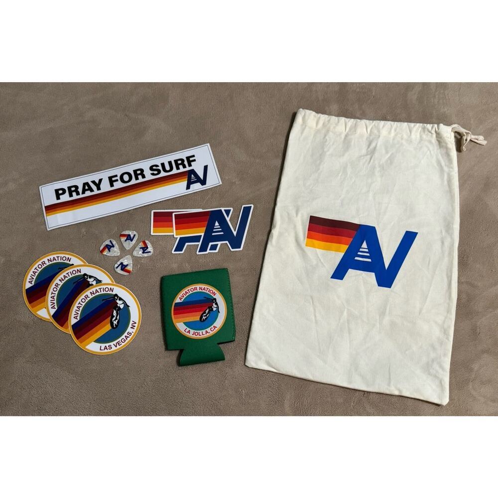 AVIATOR NATION Stickers Tiger Koozie Tote Guitar Picks Can Cooler Retro Bundle
